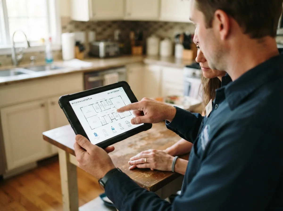 Water damage restoration technician inspecting a home in Grantville, GA